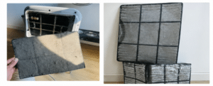 Dirty portable air conditioner filter covered with dust and lint