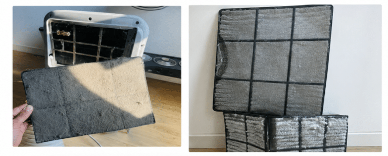Dirty portable air conditioner filter covered with dust and lint