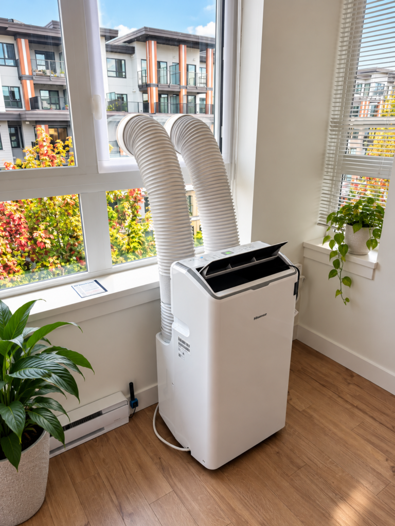 Portable air conditioner with two hoses connected to a clear Aircon Rescue window panel.